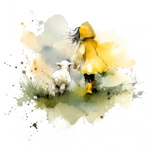 Niño con un impermeable amarillo paseando con un cordero