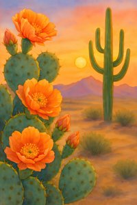 Puesta de sol en el desierto y flor de cactus
