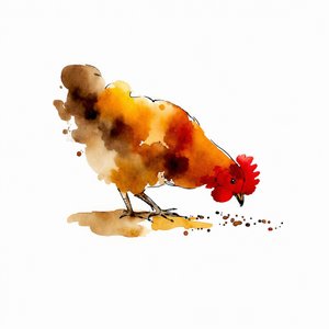 Acuarela de una gallina picoteando