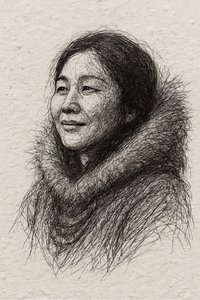 Mujer sonriente con abrigo de piel de Natalie Bruns