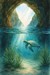 Tortuga de la cueva del océano iluminada por el sol de Natalie Bruns