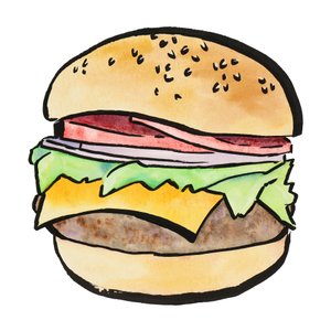 Hamburguesa con queso pintada con acuarelas de Natalie Bruns