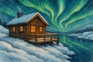 Cabaña de invierno y auroras boreales de Natalie Bruns