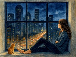 Mujer, gato, ciudad, ventana de Natalie Bruns
