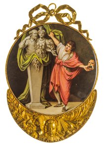 Medallón de esmalte que representa a un actor dramático vestido con una toga clásica
