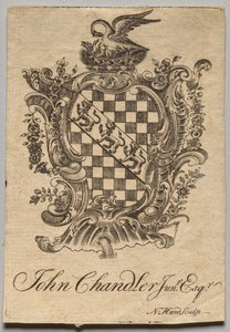 Exlibris: Escudo de Armas con John Chandler Jun.r, Esq. inscrito de Nathaniel Hurd