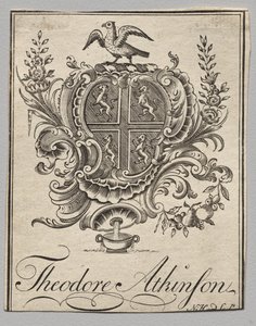 Ex libris: Escudo de armas con Theodore Atkinson inscrito de Nathaniel Hurd