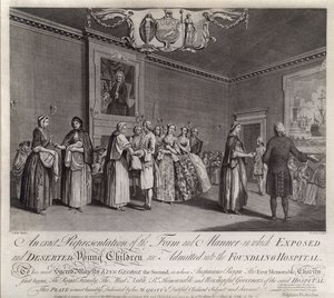 Representación exacta de la forma y manera en que los niños expuestos y abandonados son admitidos en el Hospital Foundling, 1749 de Nathaniel Parr