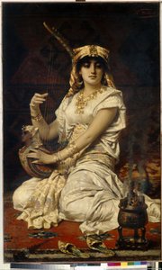 Almee (Almee). Retrato de una mujer bella, erudita y educada, tocando música, vestida con un traje egipcio. Pintura de Nathaniel Sichel (1843-1907), óleo sobre lienzo de Nathaniel Sichel