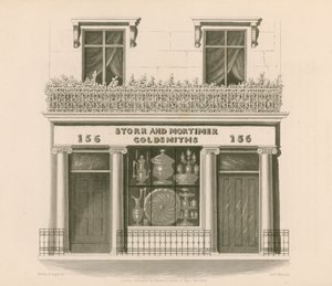 Fachada de estilo jónico de Messrs Storr y Mortimer, orfebres y joyeros, No 156, Bond Street, Londres de Nathaniel Whittock