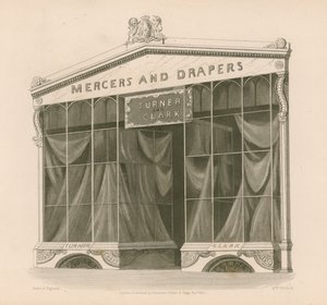 Fachada de la tienda de Messrs Turner y Clark, Merceros y Draperos, Coventry Street, Londres de Nathaniel Whittock