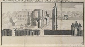 Vista sur de Holdenby House y ruinas como se veían en 1729 de Nathaniel and Samuel Buck