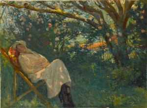 "Dama de rosa en una tumbona" Pintura de Nazmi Ziya Gueran (1881-1937) - 1904 - Óleo sobre lienzo Dim 54x73 cm Museo Sakip Sabanci, Estambul