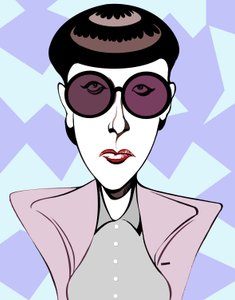 Edith Head, diseñadora de vestuario estadounidense, caricatura en color con gafas oscuras de Neale Osborne