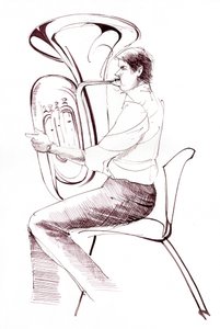 Tocador de tuba - dibujo a tinta de un músico actuando de Neale Osborne