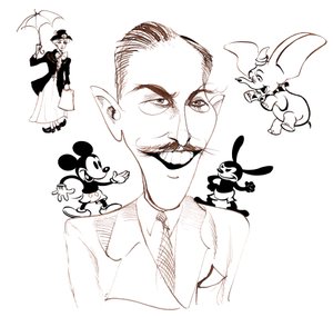 Walt Disney, productor de cine estadounidense, magnate de negocios, dibujante y animador; caricaturizado con Mary Poppins de Neale Osborne
