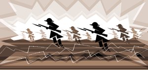 Soldados de la Primera Guerra Mundial con bayonetas - emergiendo de trincheras