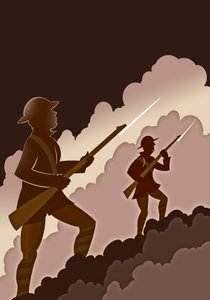 Soldados de la Primera Guerra Mundial con bayonetas - saliendo de las trincheras
