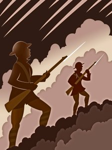 Soldados de la Primera Guerra Mundial con bayonetas - saliendo de las trincheras