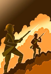 Soldados de la Primera Guerra Mundial con bayonetas - emergiendo de las trincheras
