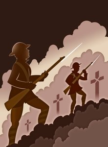 Soldados de la Primera Guerra Mundial con bayonetas - emergiendo de las trincheras