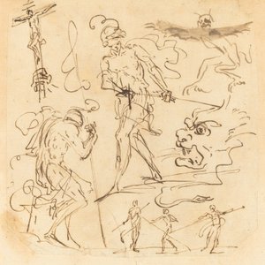 Hoja de estudios con un soldado desenvainando una espada, un crucifijo, animales monstruosos y otras figuras de Neapolitan 17th Century