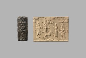 Sello cilíndrico con hombre escorpión e impresión moderna, c. siglo VIII-VII a.C. (cuarzo, criptocristalino) de Neo Assyrian