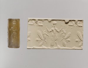 Sello cilíndrico e impresión moderna: figura masculina dominando leones alados con cabeza humana, c. siglo VIII-VII a.C. (calcedonia) de Neo Assyrian Neo Assyrian