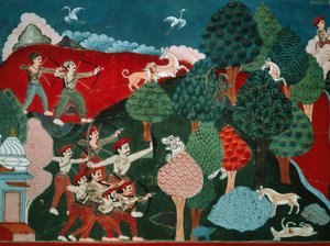 Un rey que pasa sus días matando pobres gacelas sin razón, más tarde, en otra vida, es gacela y es asesinado por un cazador, detalle del Swayambhu Purana, importante texto sagrado budista en Nepal, gouache, Nepal Civilización nepalí de Nepalese School