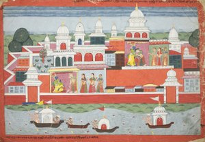 Rukmini busca el permiso de Krishna para visitar a su hermano Rukma, página de un manuscrito del Bhagavata Purana, c.1775 de Nepalese School