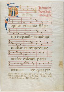 Santa Inés en una inicial historiada "V" de un antifonario de Neri da Rimini