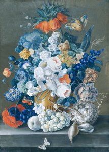 Pieza floral con frutas, nido de pájaro y mariposas de Leopold Blonder
