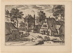 Pueblo con estanque de Netherlandish 16th Century