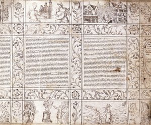 Manuscrito iluminado en escritura sefardí, mostrando escenas de la vida holandesa y la Biblia con cartuchos florales, siglo XVII de Netherlandish School