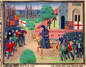 Roy 18 E I f.165v Revuelta de campesinos mostrando las banderas de Inglaterra y St. George, John Ball liderando a los rebeldes, ilustración de 
