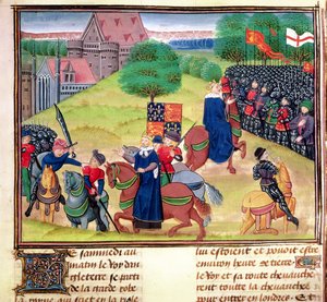 Royal 18 E.1, F.175 La muerte de Wat Tyler en Smithfield, Londres, en 1381 durante la revuelta de los campesinos, ilustración de "Chroniques de France et d