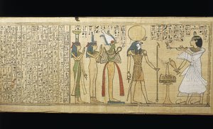 Papiro de Khonsumes, El Libro de los Muertos el difunto haciendo ofrendas a Osiris, Isis y Neftis, Tercer Periodo Intermedio