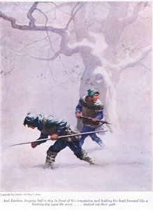 Y Lawless manteniéndose medio paso delante de su compañero y adelantando la cabeza como un perro de caza en el rastro - estudiaba su camino, 1916 de Newell Convers Wyeth