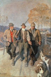Tres cazadores y perros de Newell Convers Wyeth