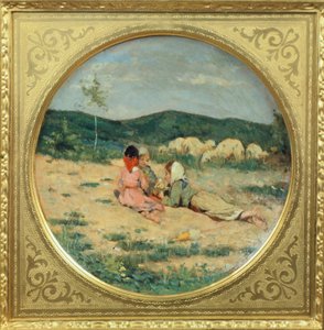 Plato pintado con figuras de pastores, por Niccolo Cannicci, Circa 1880, óleo sobre placa de terracota