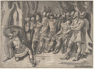 Ajax en la parte inferior izquierda sosteniendo un escudo en alto, a la derecha está Agamenón rodeado por su séquito, 1540-50
