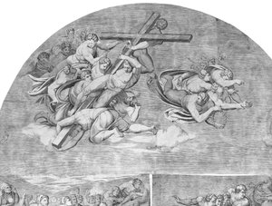 Ángeles llevando la cruz con santos abajo, sección superior izquierda del Juicio Final, 1548