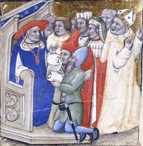 Un cardenal juzgando a un obispo, acusado por dos laicos, c.1380 (pintura y pan de oro sobre vitela) de Niccolo di Giacomo