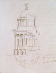 Elevación, sección transversal y plano de un baptisterio no realizado para la Catedral de San Pablo, c.1711-12 de Nicholas Hawksmoor