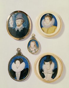 Miniaturas, de izquierda a derecha, de arriba a abajo: Hombre con una mano de una nube; Joven desconocido, 1588; Sra. Holland de 26 años, 1593; Arabella Stuart, Duquesa de Lennox; Dama desconocida de Nicholas Hilliard