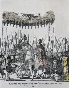 Hogenberg, Nicolas (1500-1539). La coronación de Carlos V en Bolonia. Carlos V (1500-1558). Emperador del Sacro Imperio Romano (1519-1556) y Rey de España (1516-1556), como Carlos I.; Clemente VII (1478-1534). Papa entre 1523 y 1534. Grabado