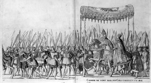 La entrada del Papa Clemente VII y el Emperador Carlos V en Bolonia el 24 de febrero de 1530, placa 27 de Nicholas Hogenberg