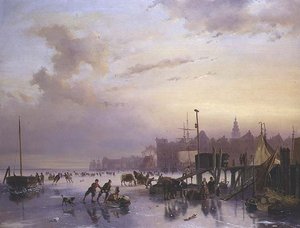Paisaje de río invernal con numerosos patinadores de Nicholas Jan Roosenboom