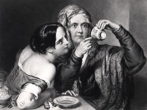 Prediciendo el futuro leyendo posos de café, grabado por Charles William Sharpe (1818-99) de Nicholas Joseph Crowley