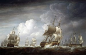 Una flota de barcos indianos, barcos británicos de la Compañía de Comercio de las Indias Orientales. Óleo sobre lienzo de Nicholas Pocock